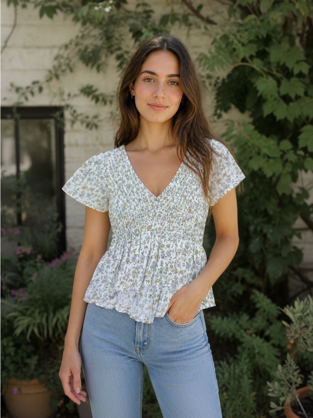 American Eagle Outfitters Cotton Floral Smocked Peplum Blouse